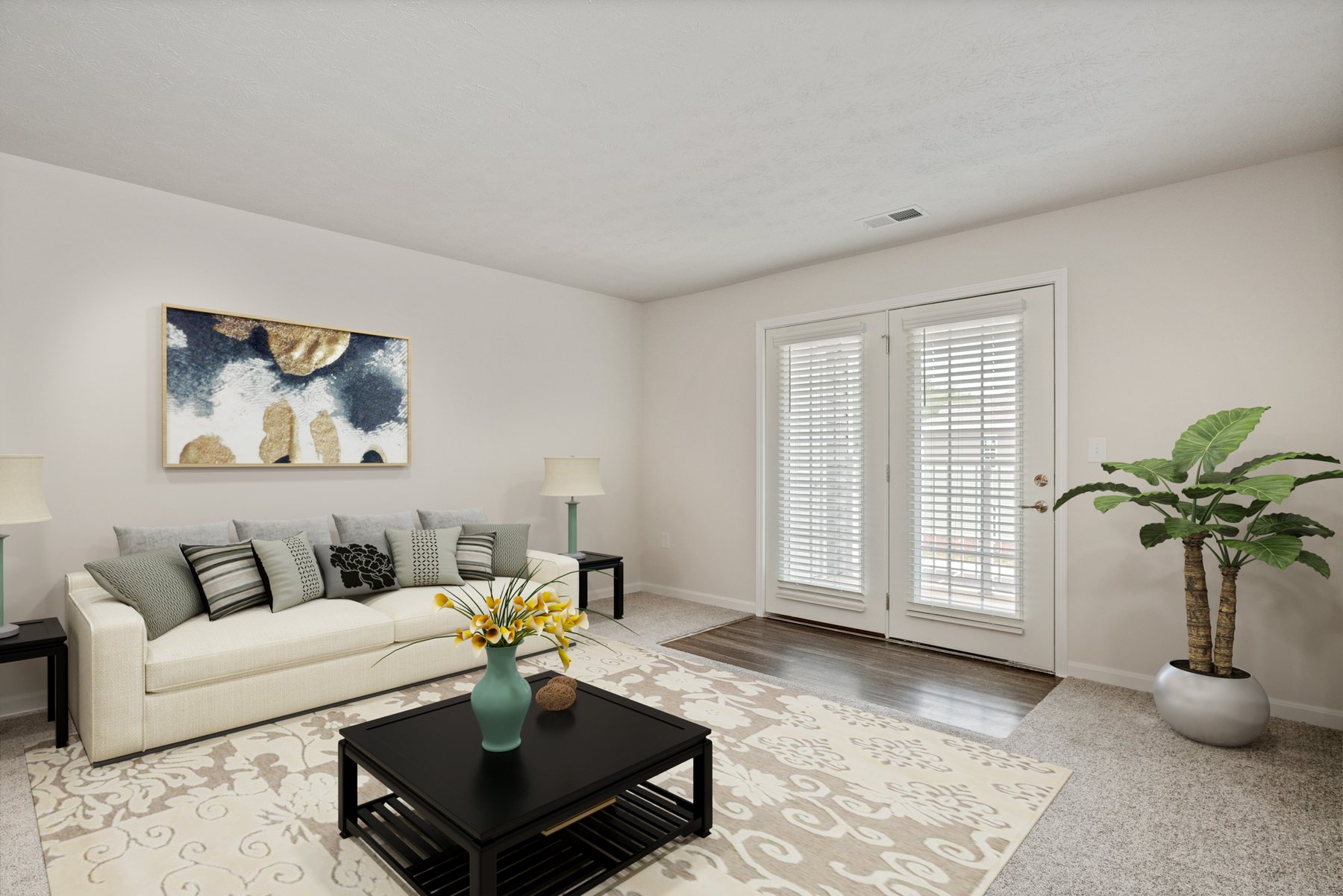Living room with sofa, coffee table, and glass patio doors in a Cane Run Station home