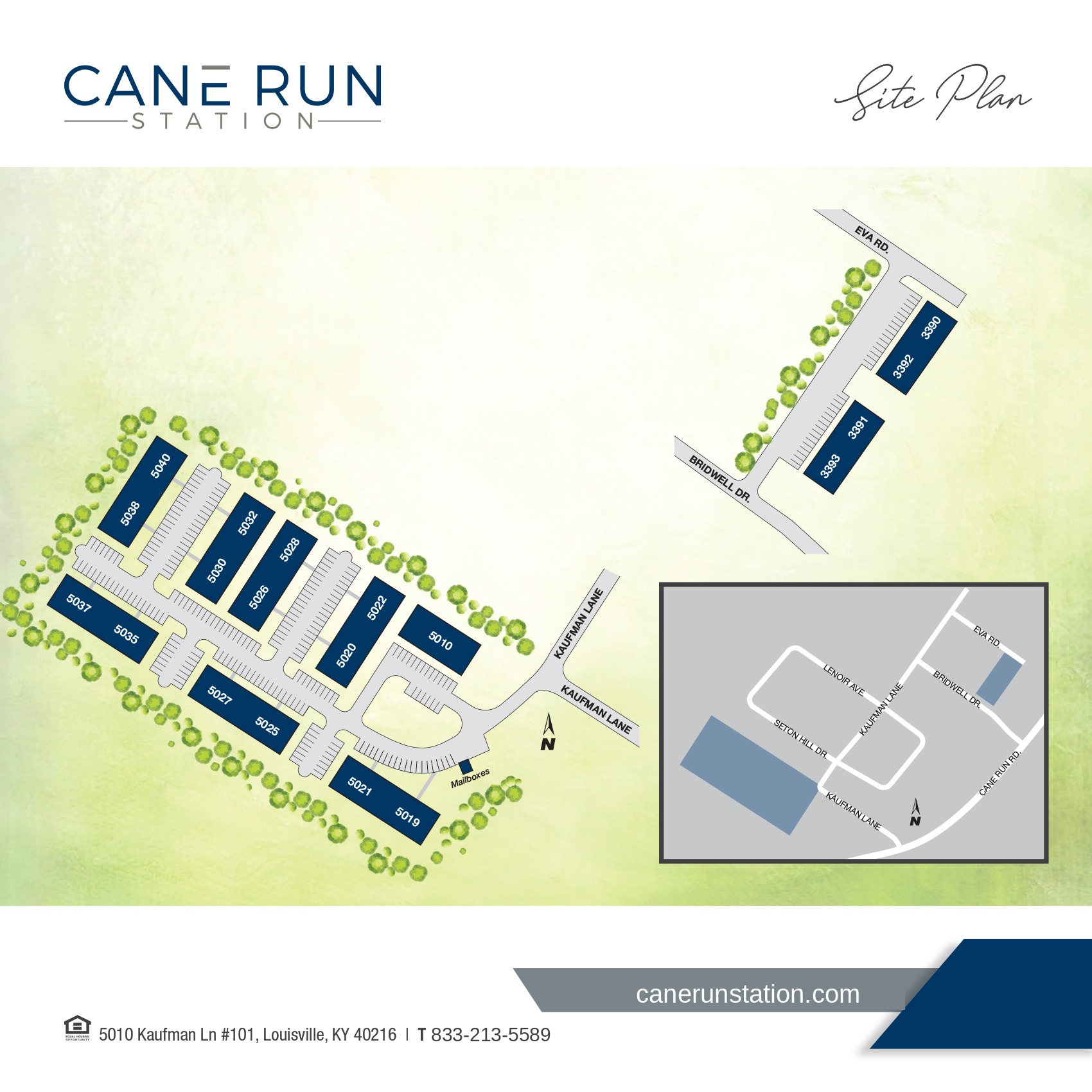 Cane Run Station community site plan showing building numbers along Kaufman Lane